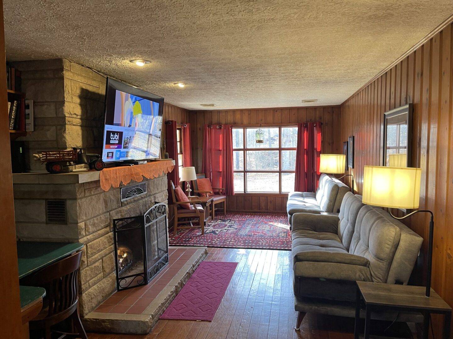 A room with sofa, TV, and a fireplace